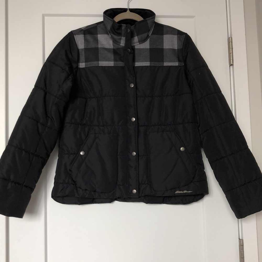 NWOT Eddie Bauer Black Puffer Jacket w/Corduroy Collar &  Buffalo Plaid …